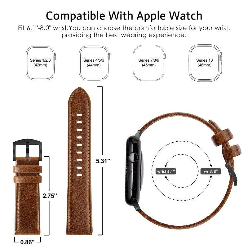 EDIMENS Leather Bands Compatible with Apple Watch 42mm 44mm Band Men Women, Vintage Genuine Leather Wristband Replacement Band Compatible for Apple Watch iwatch Series 6 5 4 3 2 1, SE Sports & Edition - Image 2